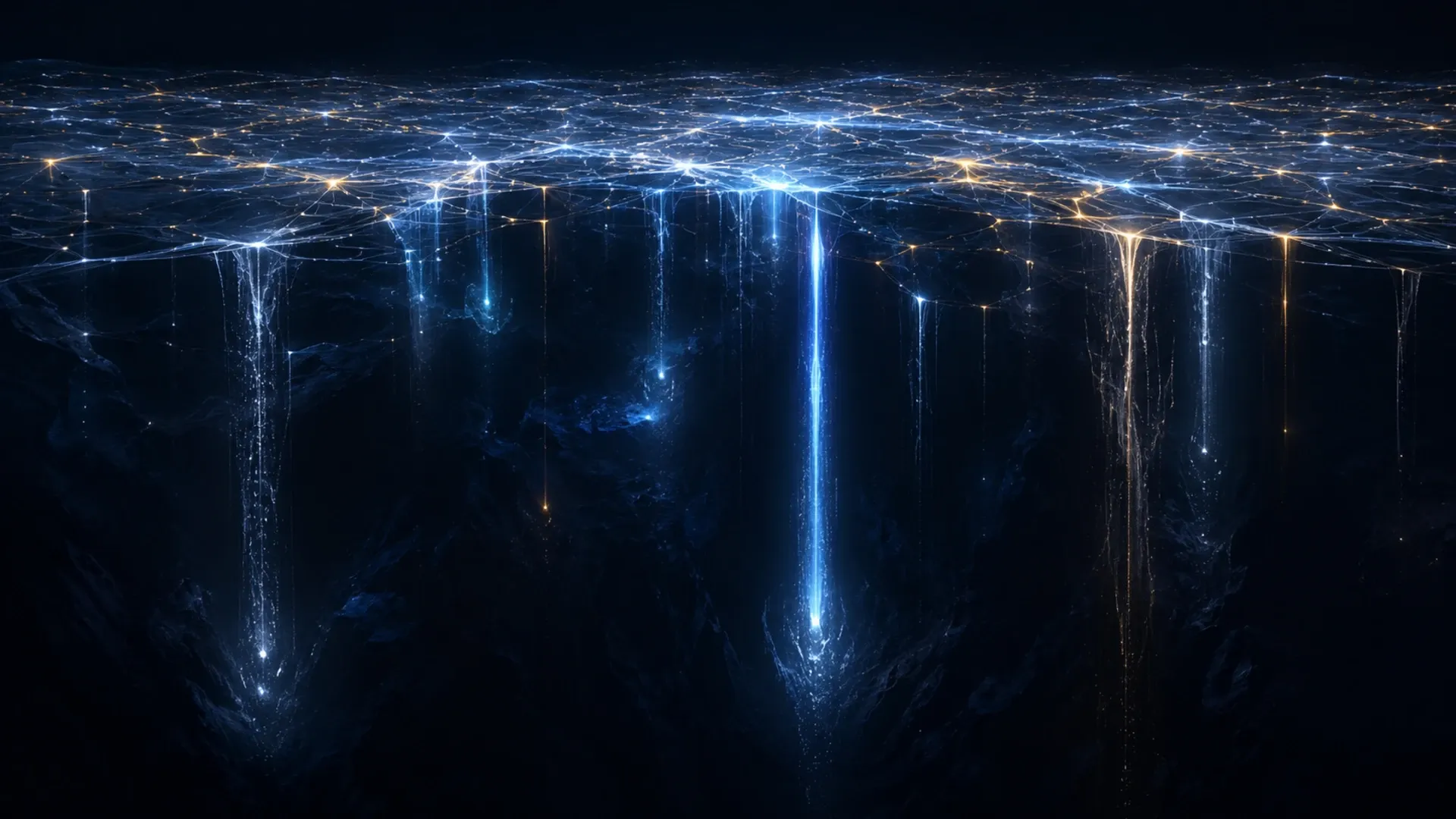A luminous network stretching across a dark landscape with bright streams descending to uneven depths