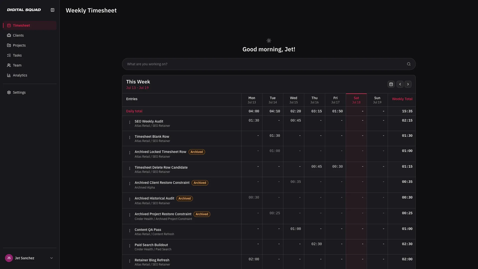 Digital Squad Timesheet weekly dashboard for Jet Sanchez showing a populated July work week