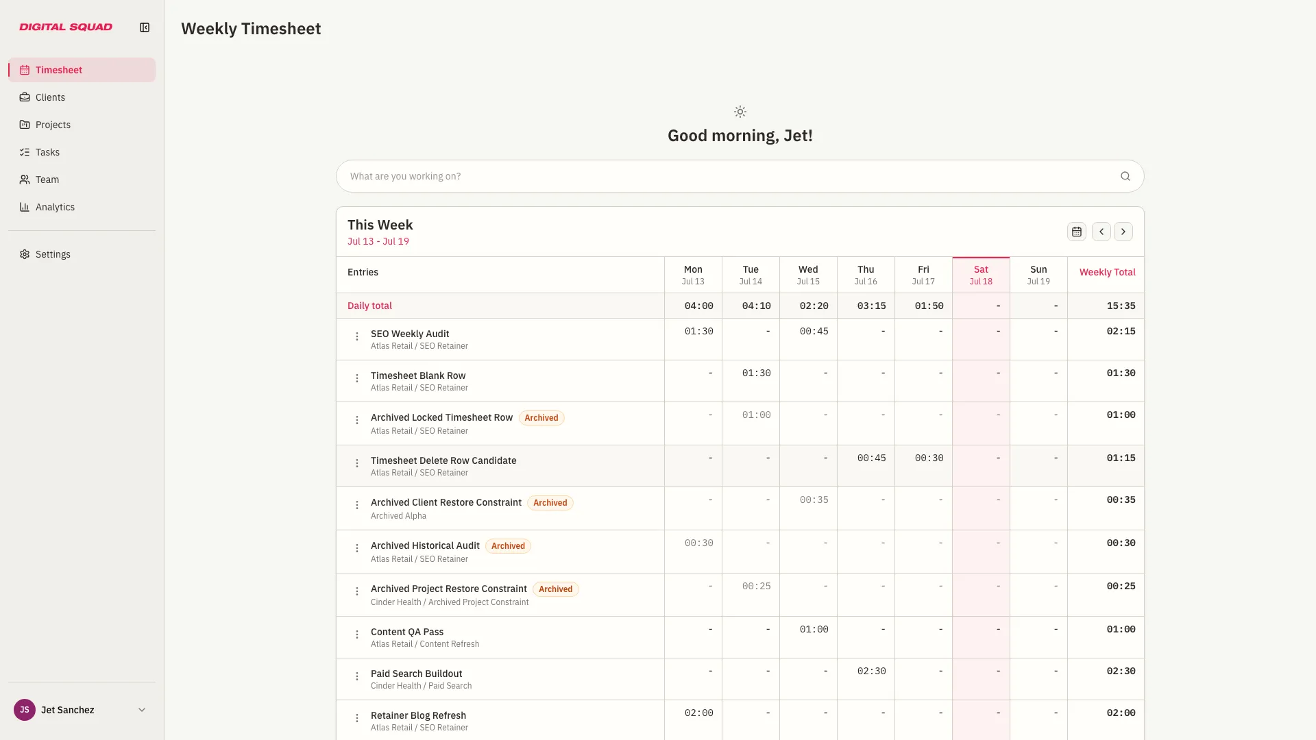Digital Squad Timesheet weekly dashboard for Jet Sanchez showing a populated July work week