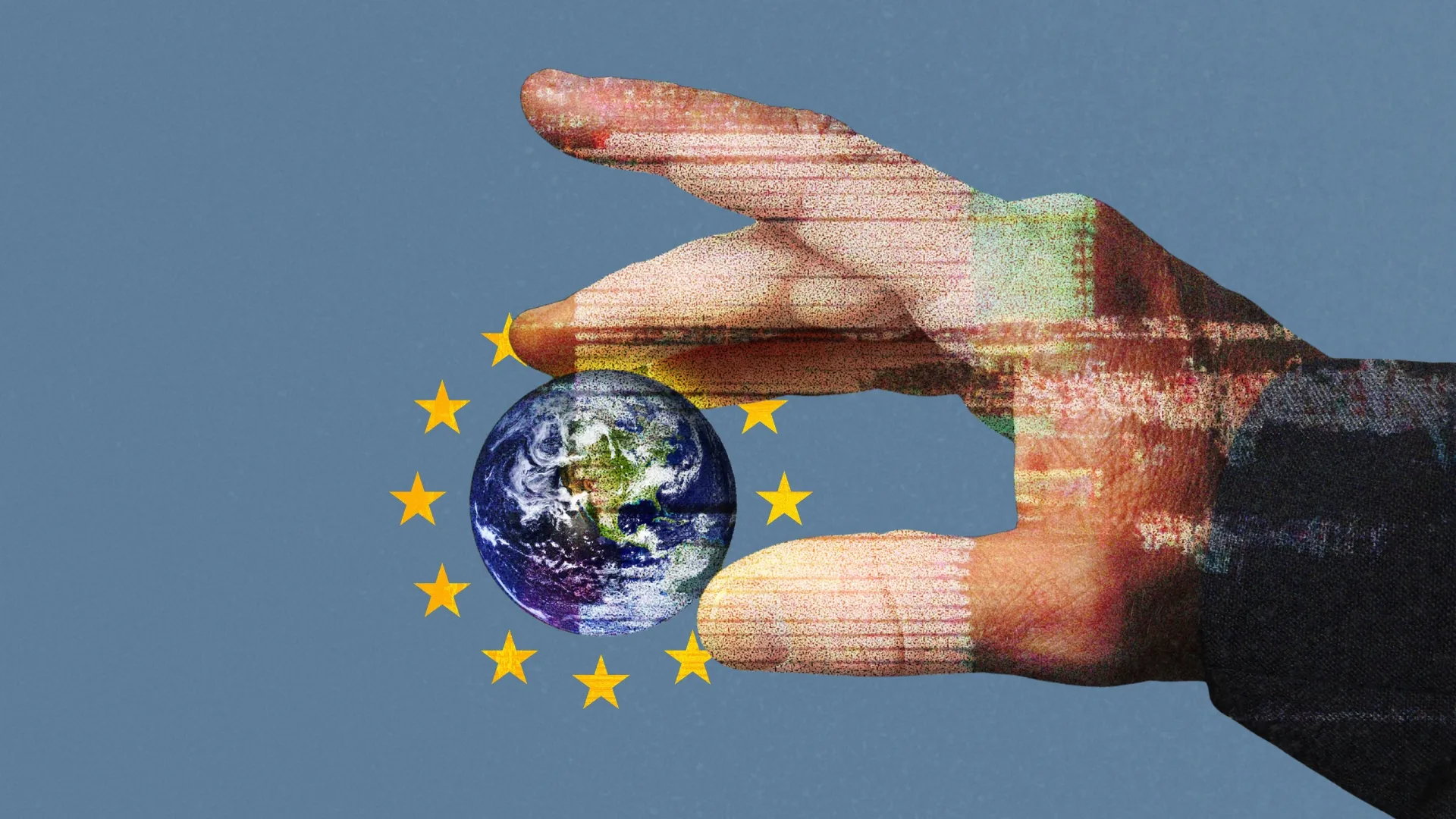 A surreal collage of a hand holding a globe encircled by European Union stars