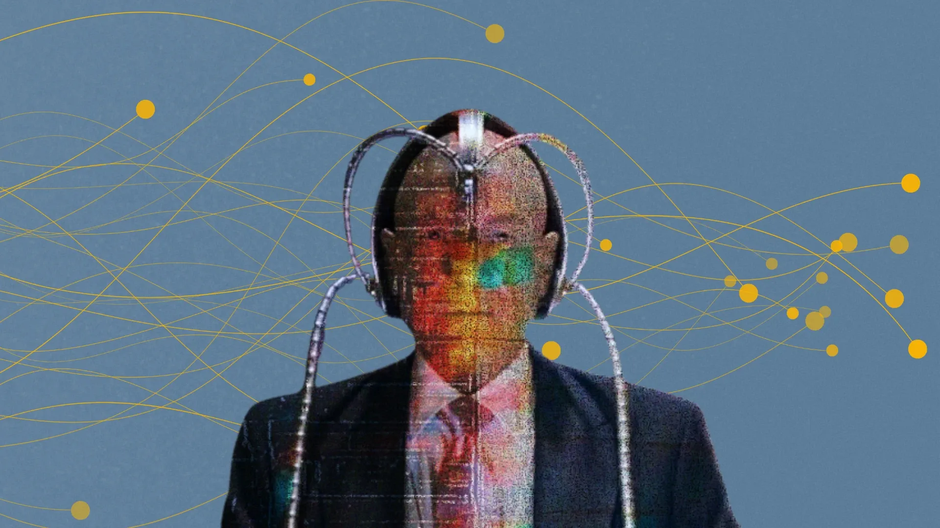 A retro-futurist human figure wearing a wired helmet amid flowing mustard network lines on a blue background.