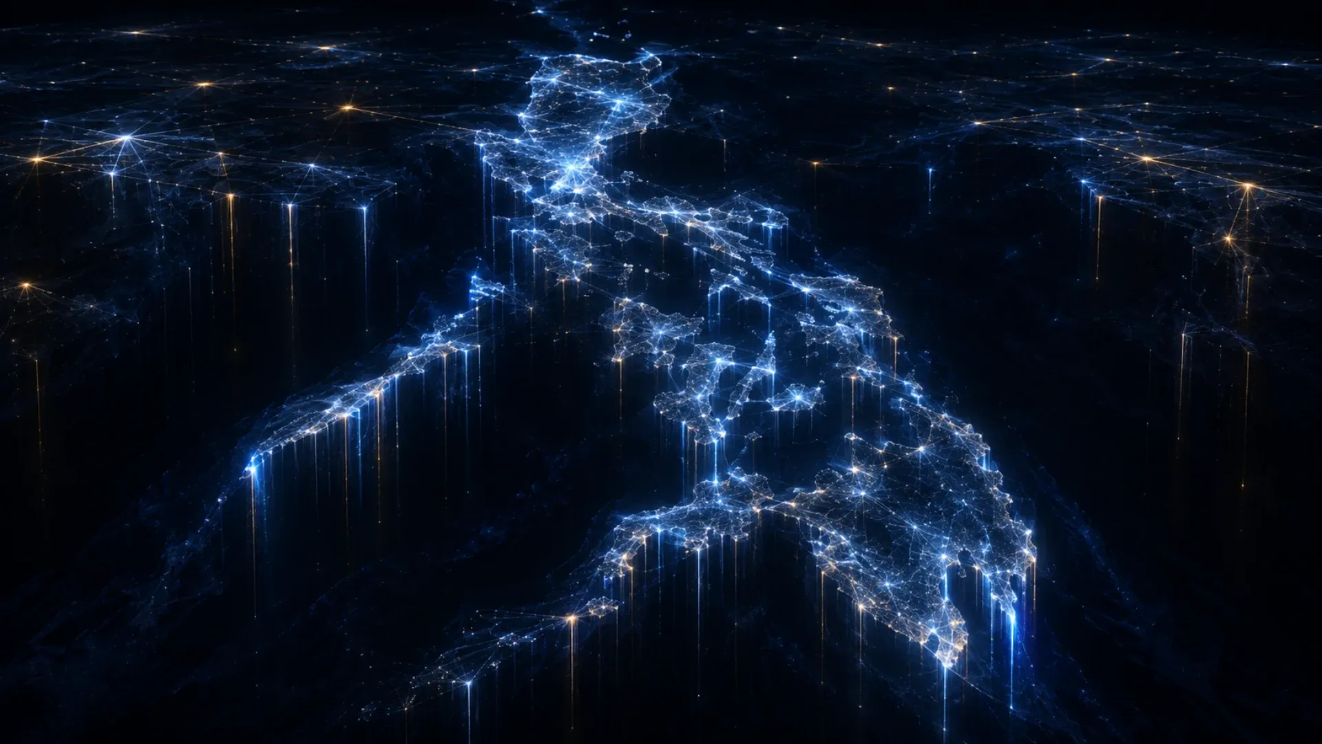 A luminous digital map of the Philippines connected to a global network in blue and gold