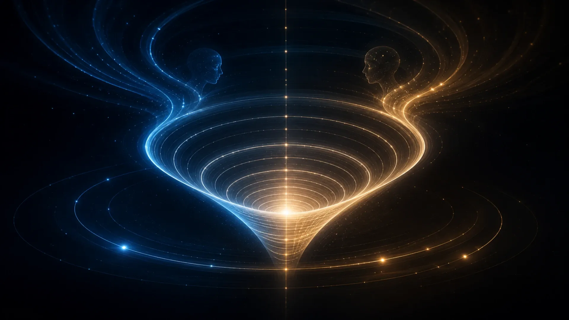 Blue and gold human silhouettes spiraling toward a shared luminous convergence point