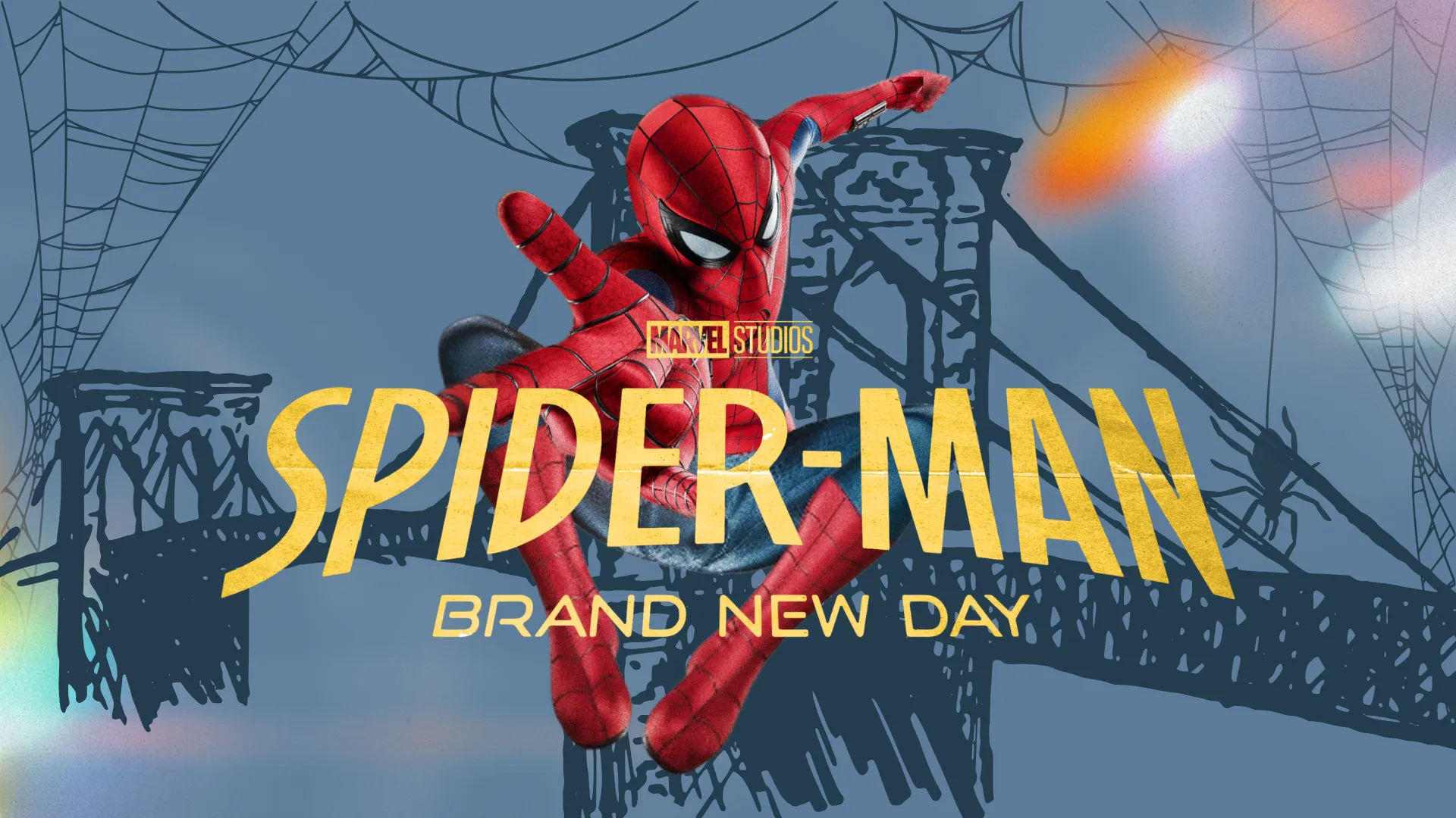 Spider-Man swings across a web-filled blue background in a custom graphic for Spider-Man: Brand New Day