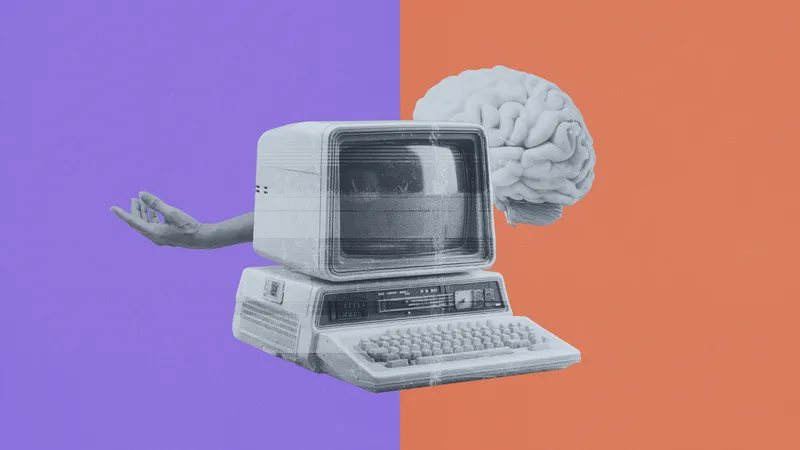 Retro computer with a human arm and a floating brain against a split purple and orange background